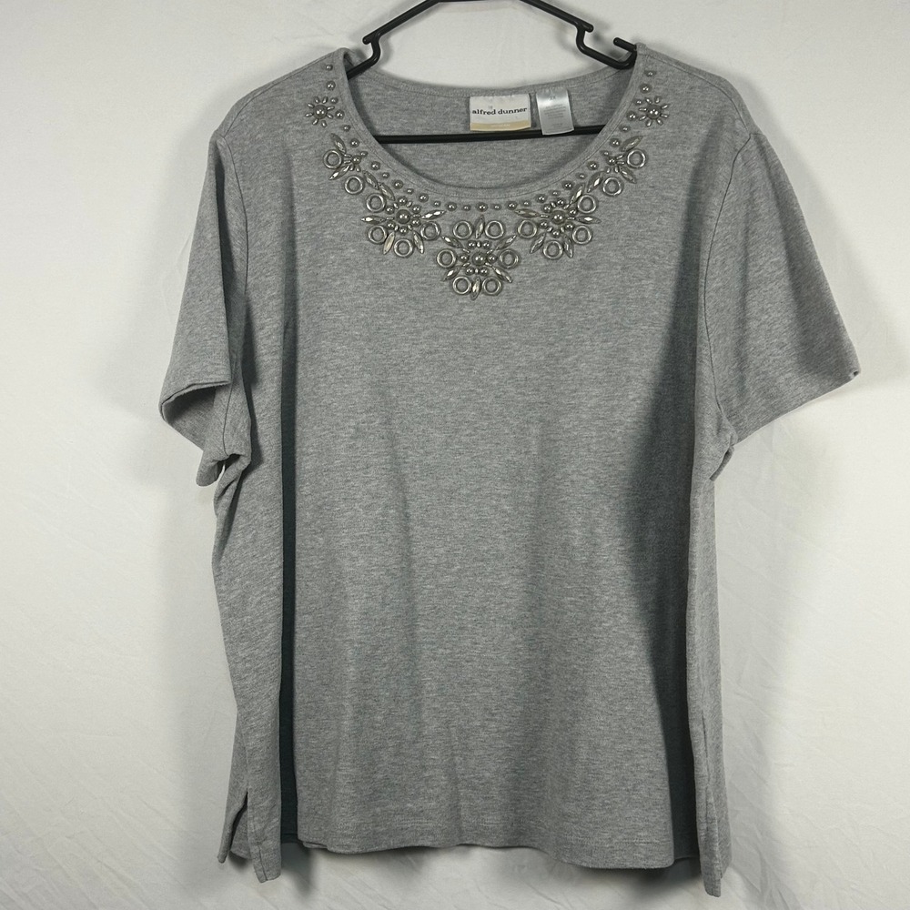 Alfred Dunner T-Shirt Womens 2X Grey Beaded Neckline Short Sleeve Knit Top